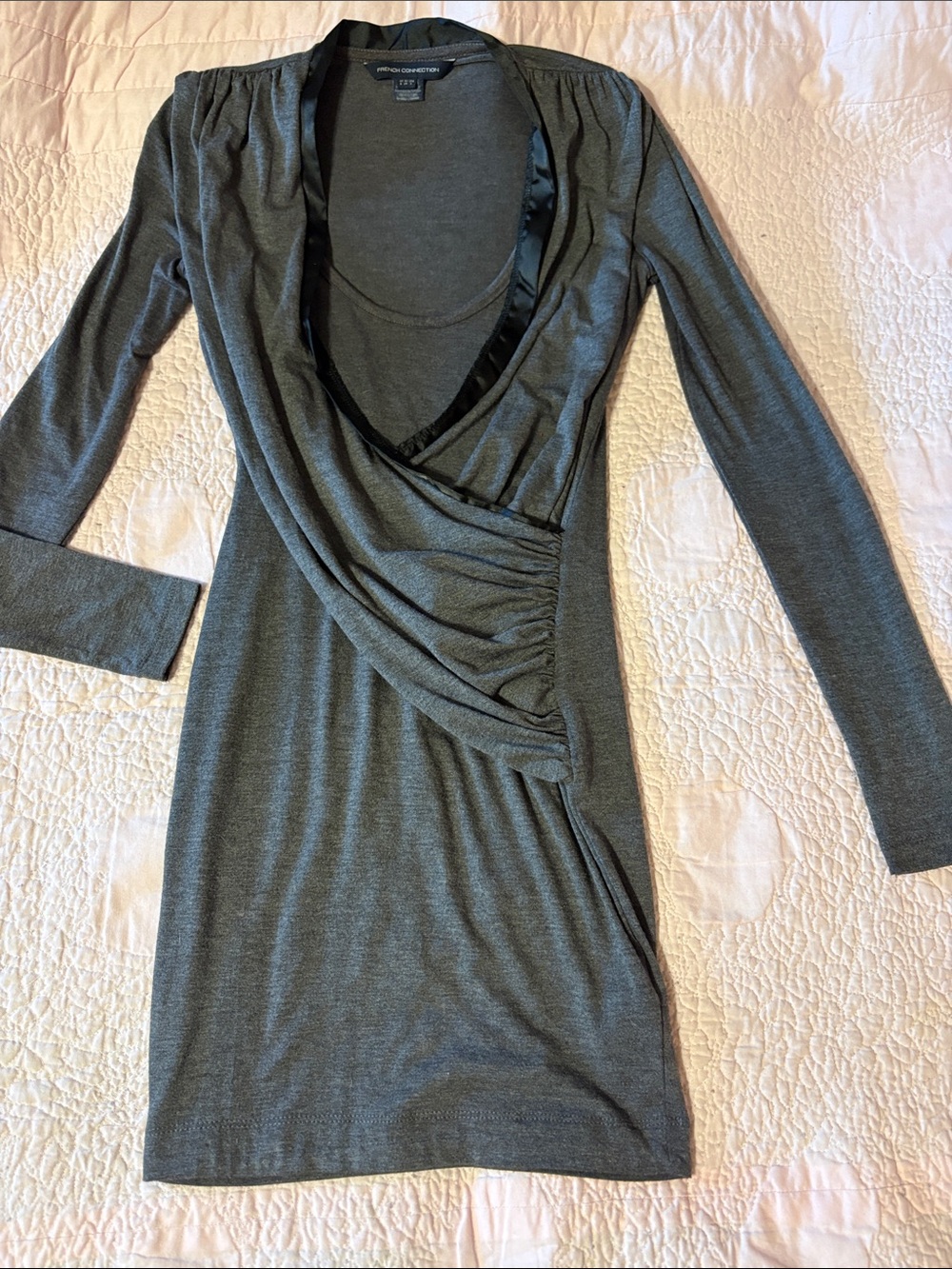 Express Connection Charcoal Gray Faux-Wrap Long Sleeve Dress